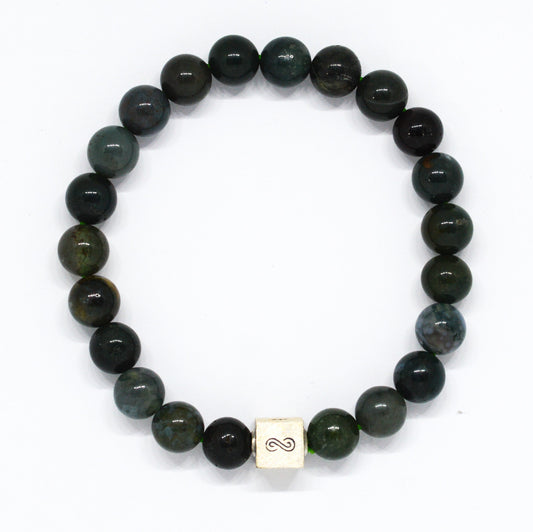 Moss Agate Infinity Silver Bead Bracelet (8 MM)