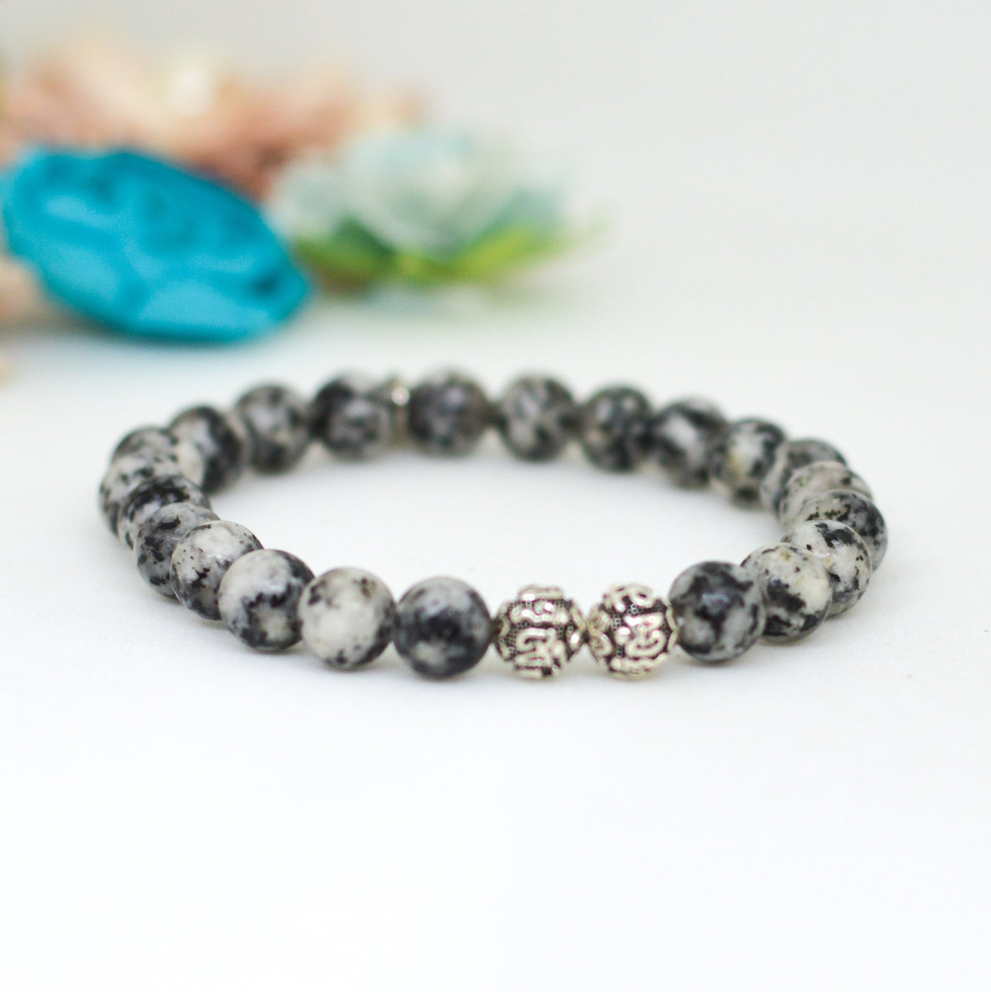 Sesame Jasper Stone Silver Bead Bracelet (8 MM)