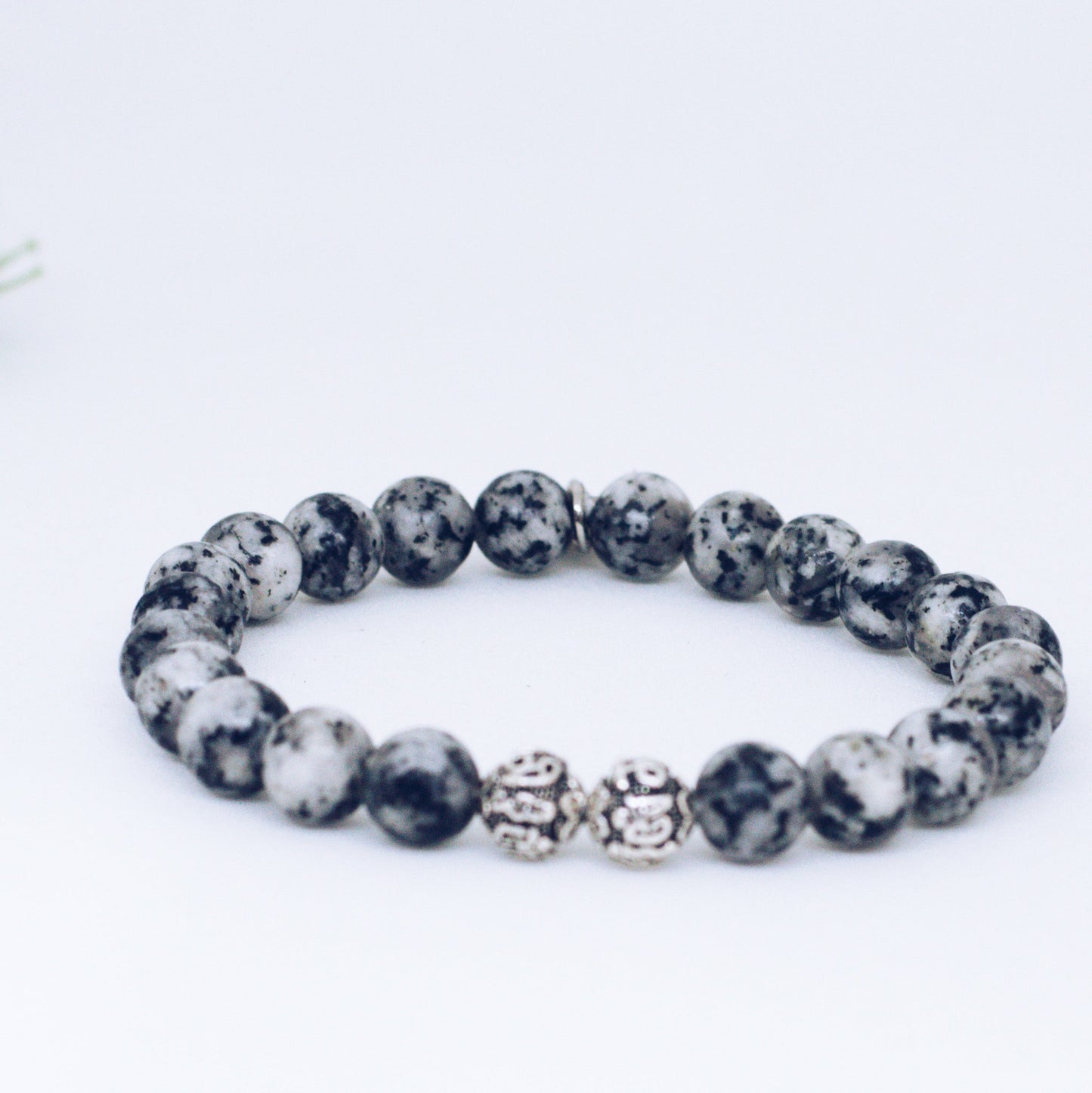 Sesame Jasper Stone Silver Bead Bracelet (8 MM)