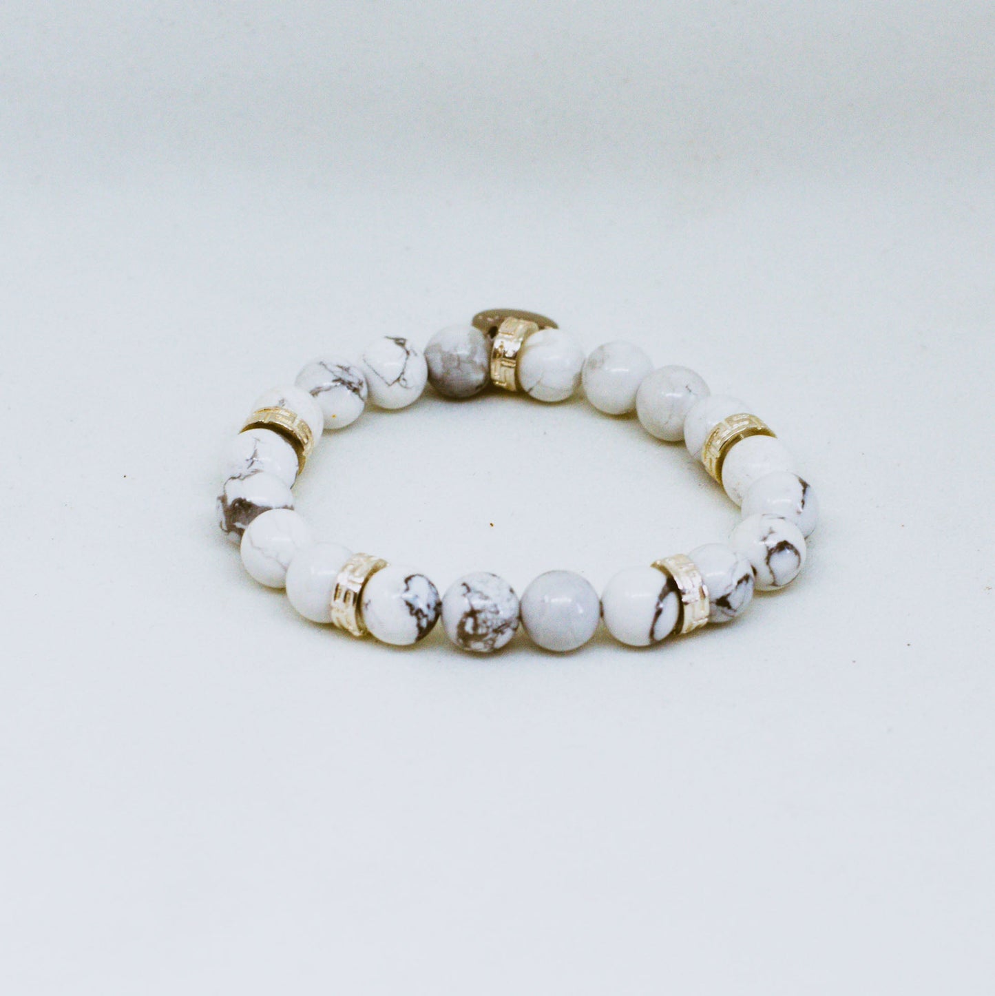 White Howlite Roman Flat Silver Bead Bracelet (8 MM)