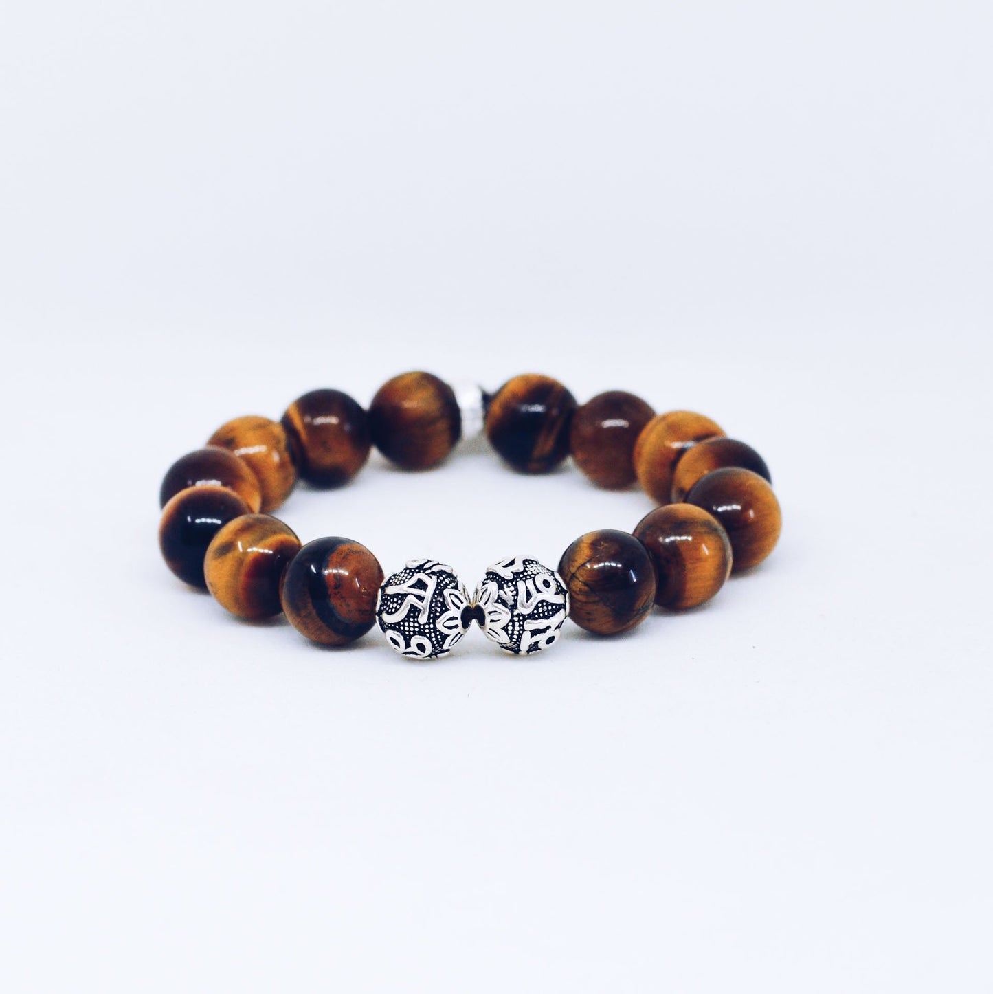 Tiger Eye Stone Silver Bead Bracelet (12 MM)