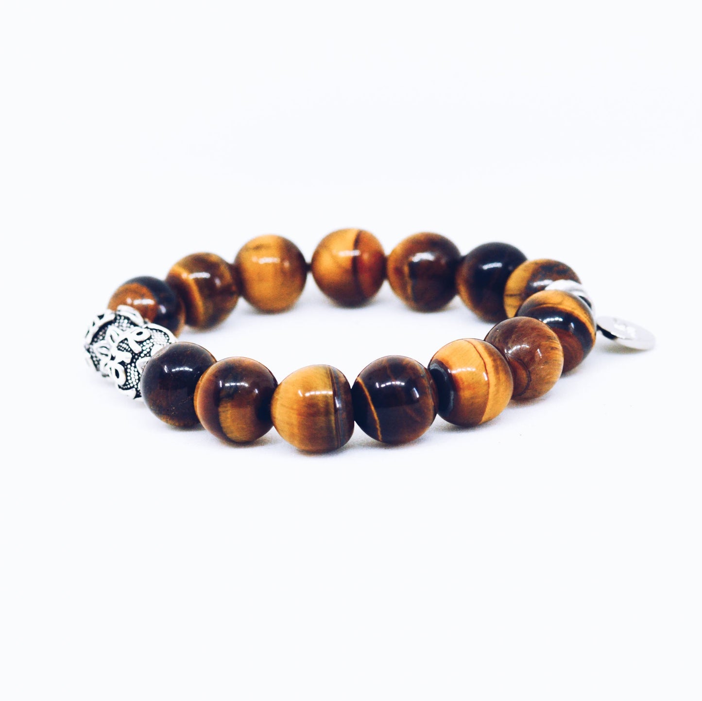 Tiger Eye Stone Silver Bead Bracelet (12 MM)