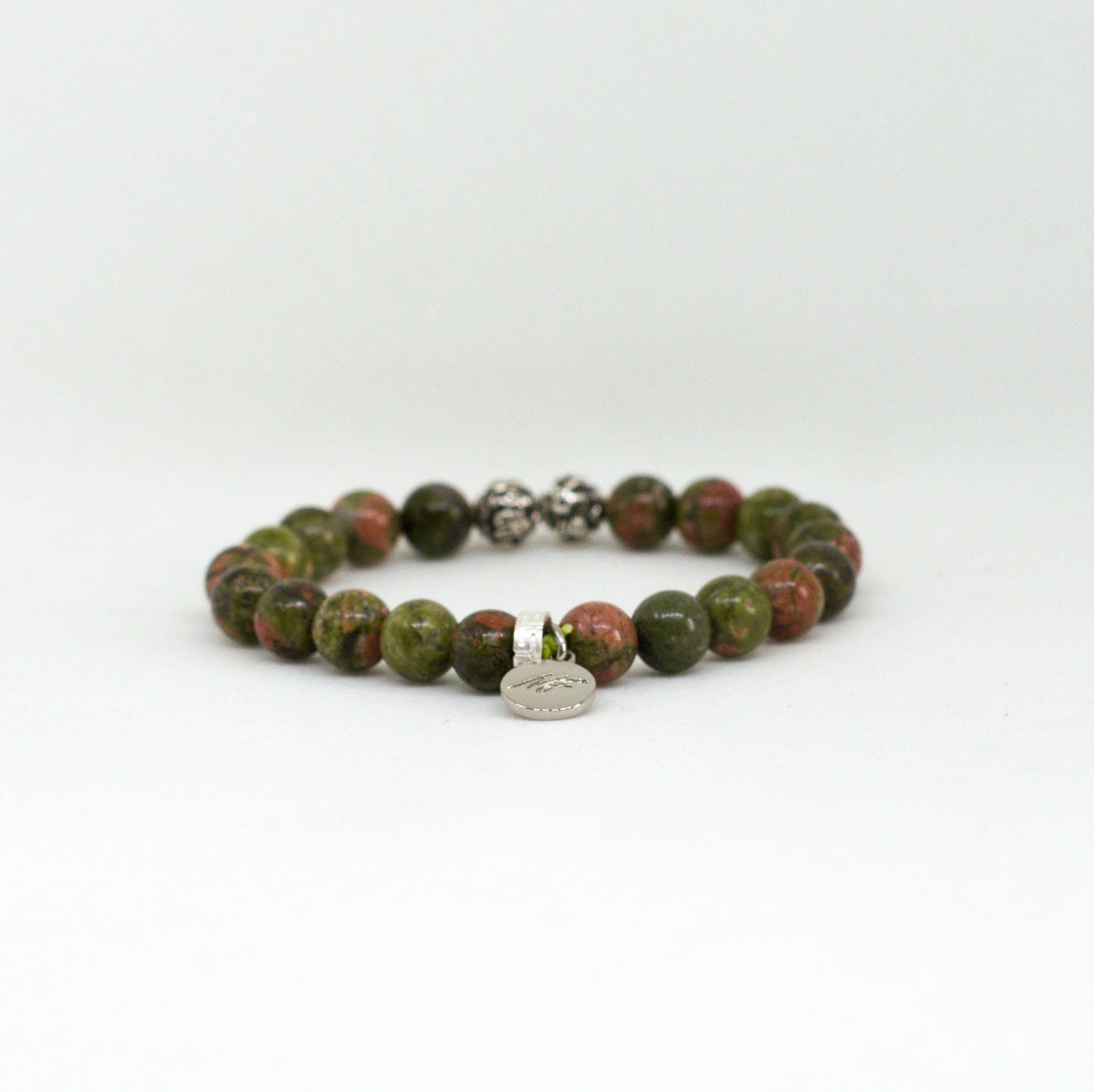 Unakite Stone Silver Bead Bracelet (8 MM)