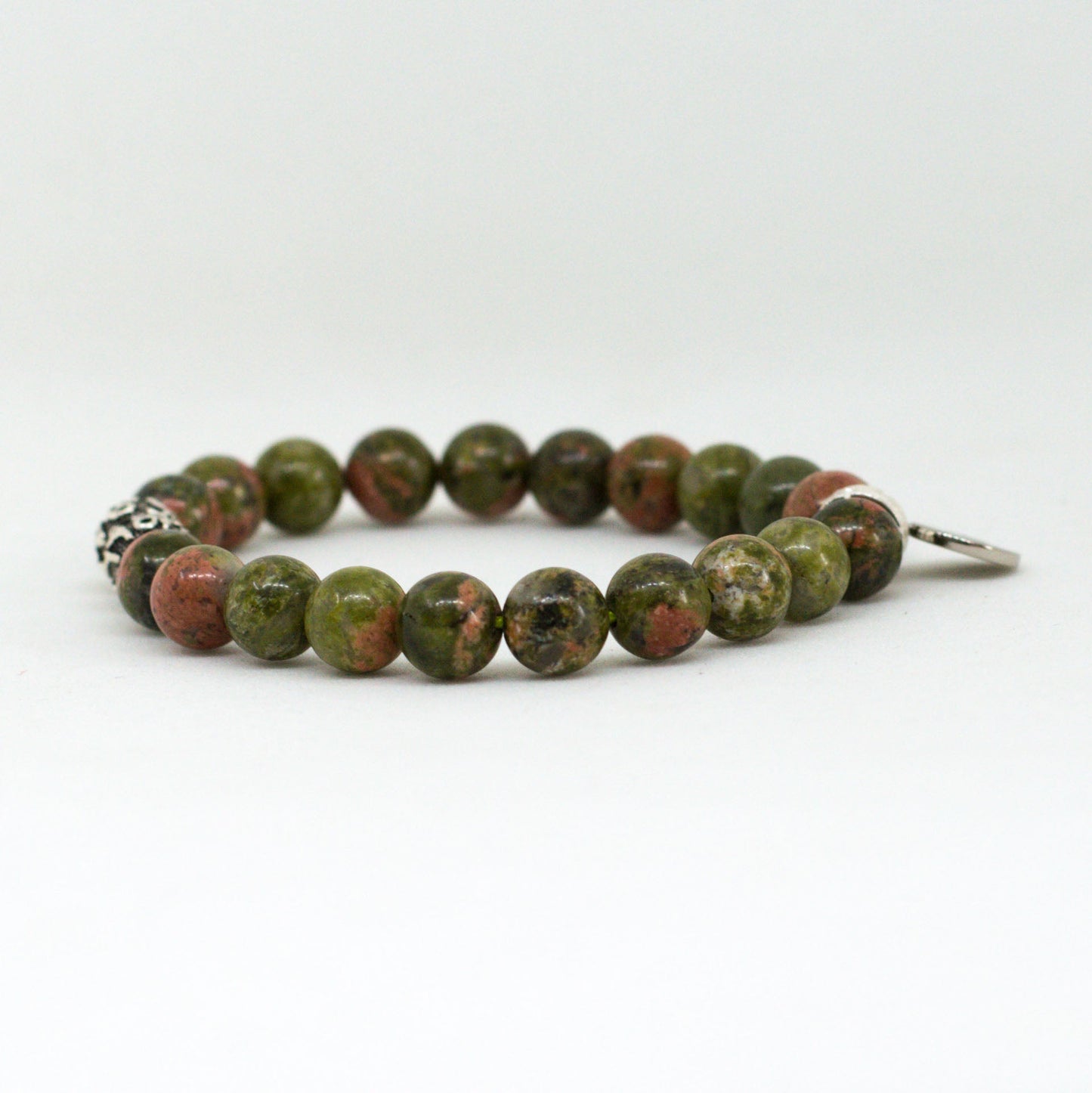 Unakite Stone Silver Bead Bracelet (8 MM)