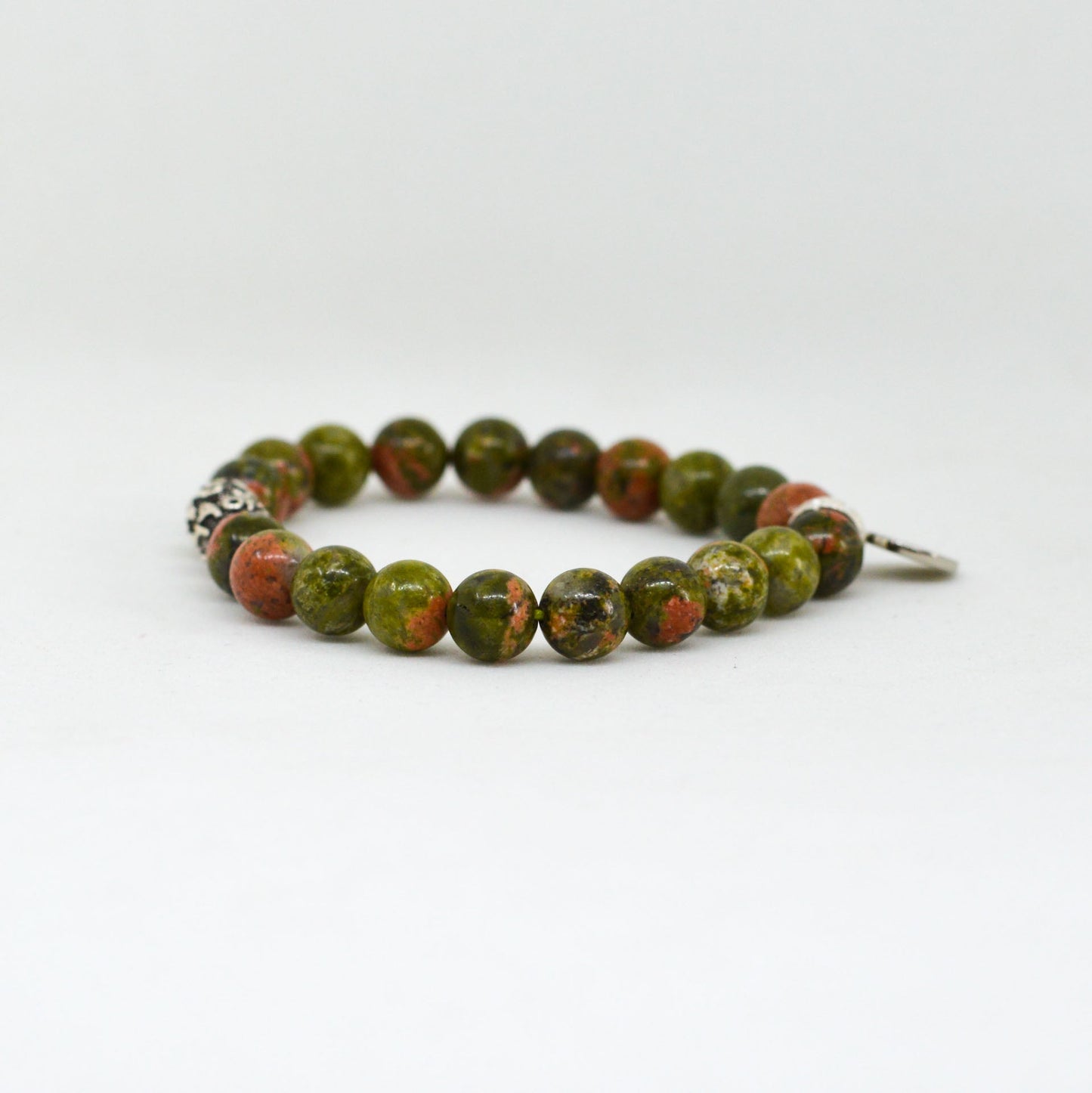 Unakite Stone Silver Bead Bracelet (8 MM)