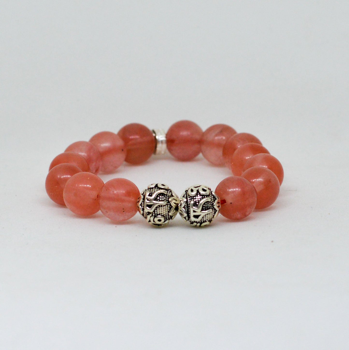 Cherry Quartz Stone Silver Bead Bracelet (12 MM)