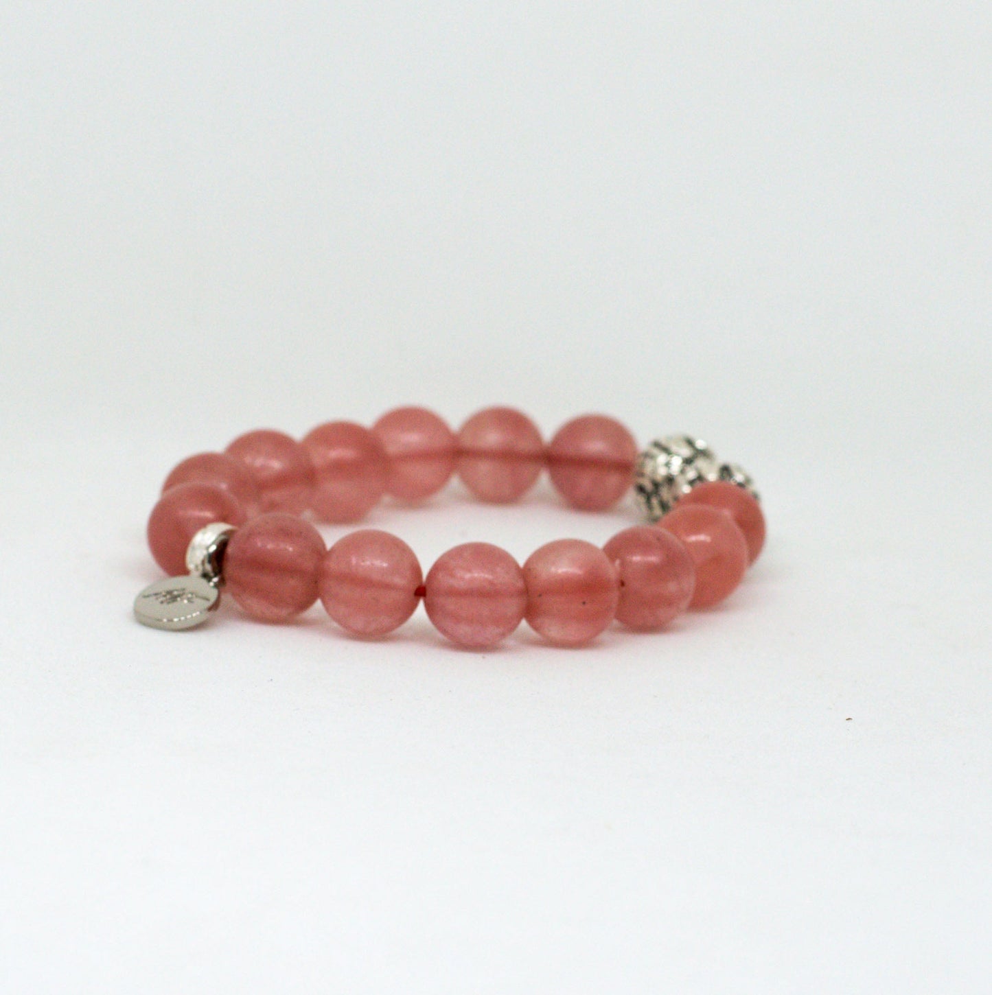 Cherry Quartz Stone Silver Bead Bracelet (12 MM)