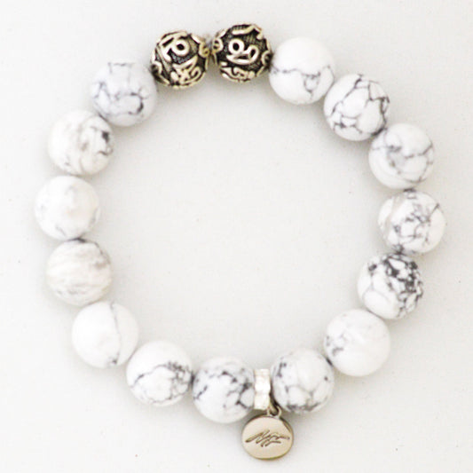 White Howlite  Silver Bead Bracelet (12 MM)