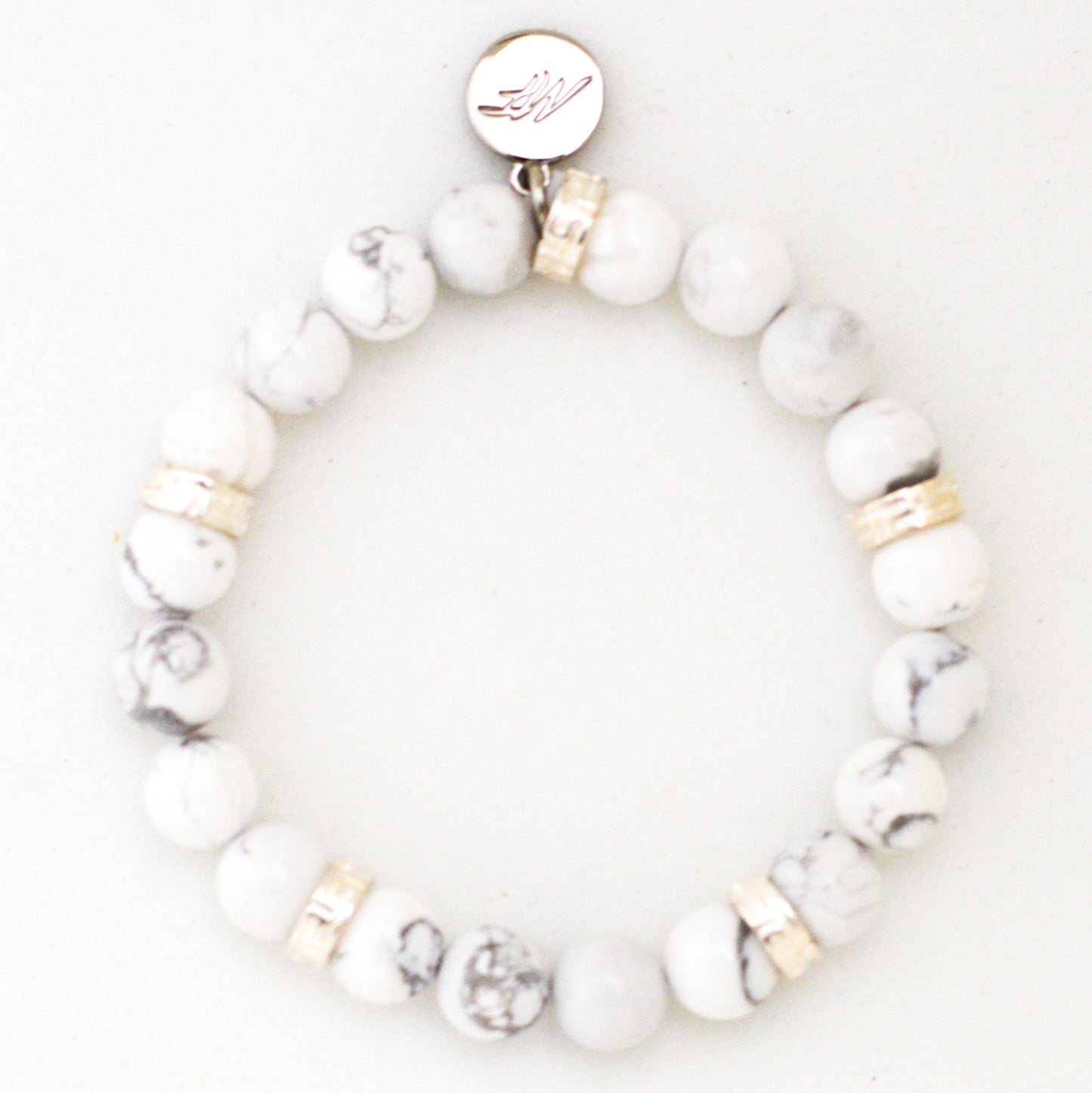 White Howlite Roman Flat Silver Bead Bracelet (8 MM)