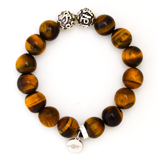 Tiger Eye Stone Silver Bead Bracelet (12 MM)