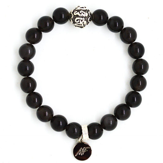 Black Obsidian Single Silver Bead Bracelet (12 MM)