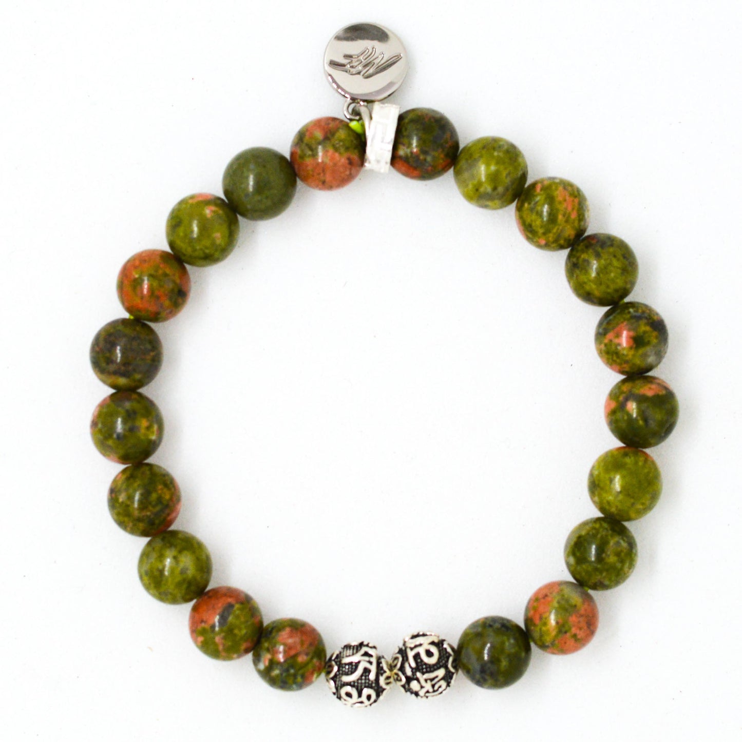 Unakite Stone Silver Bead Bracelet (8 MM)