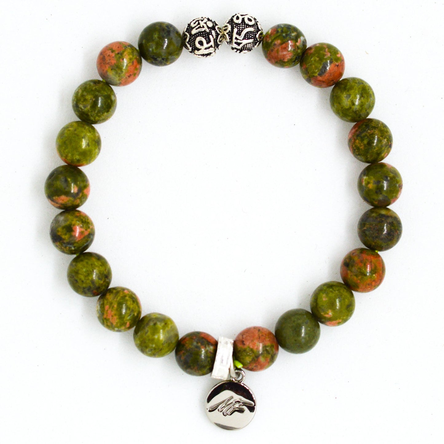 Unakite Stone Silver Bead Bracelet (8 MM)