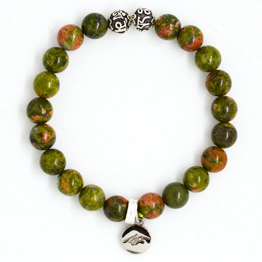 Unakite Stone Silver Bead Bracelet (8 MM)