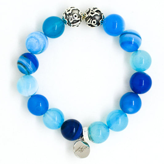 Blue Striped Agate Silver Bead Bracelet (12 MM)