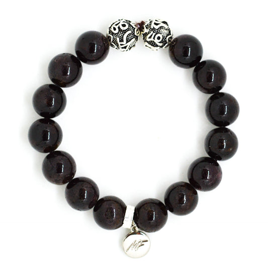 Garnet Stone Silver Bead Bracelet  (12 MM)