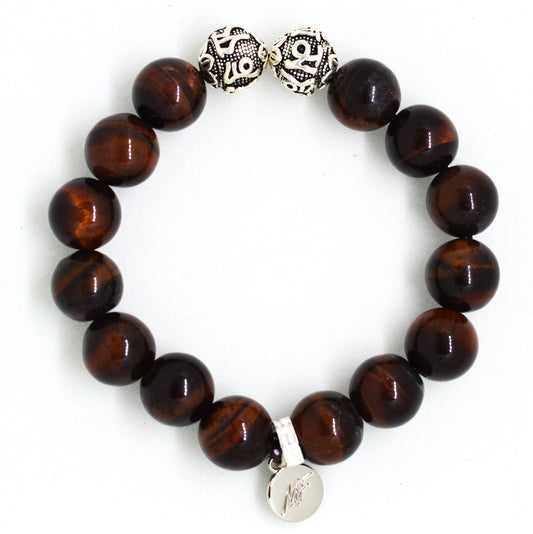 Red Tiger Eye Stone Silver Bead Bracelet (12 MM)