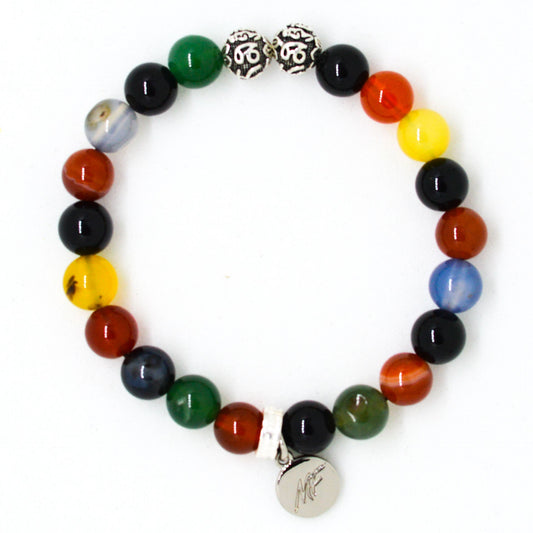 Multi Color Agate Stone Silver Bead Bracelet (8 MM)