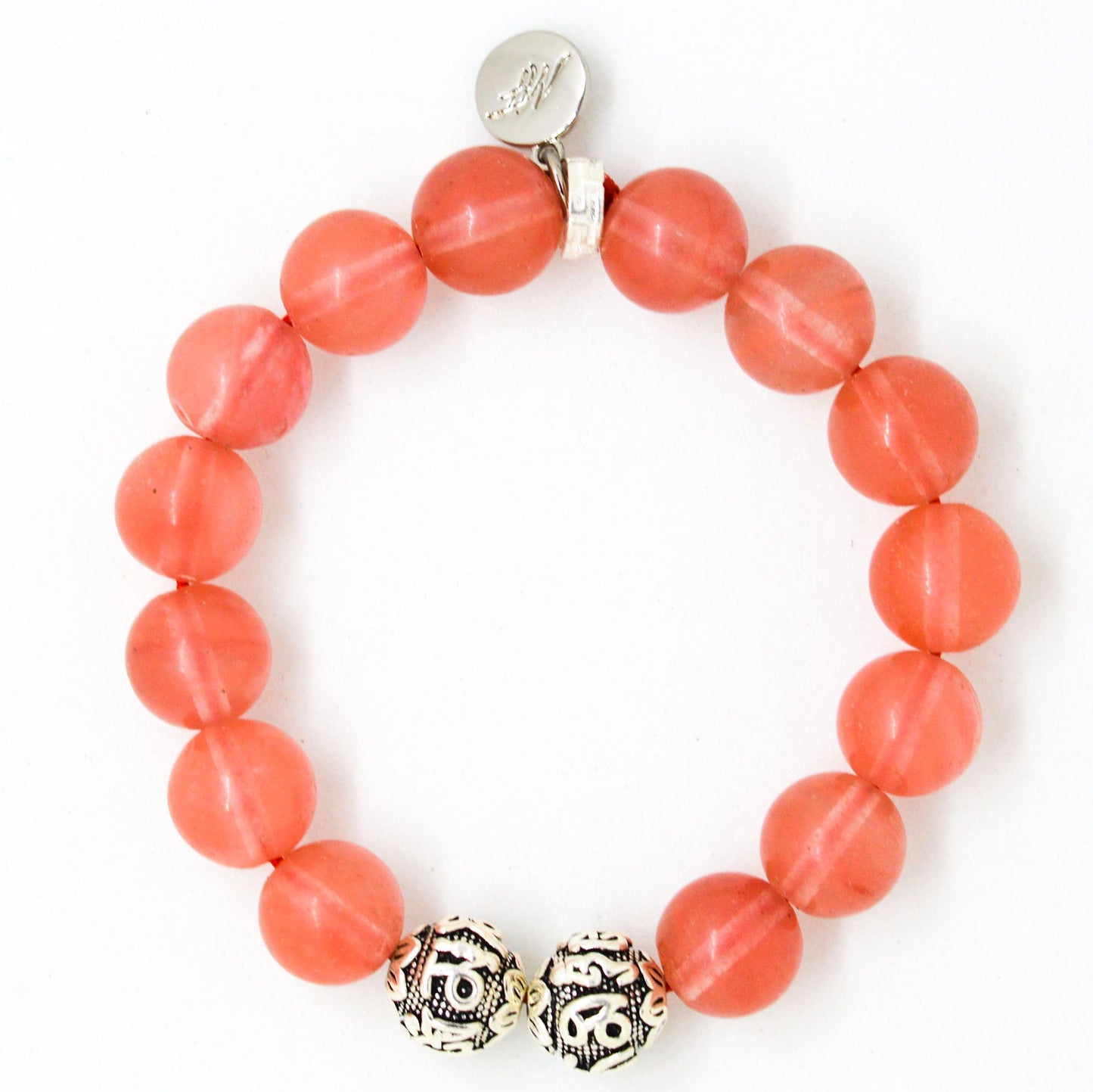 Cherry Quartz Stone Silver Bead Bracelet (12 MM)