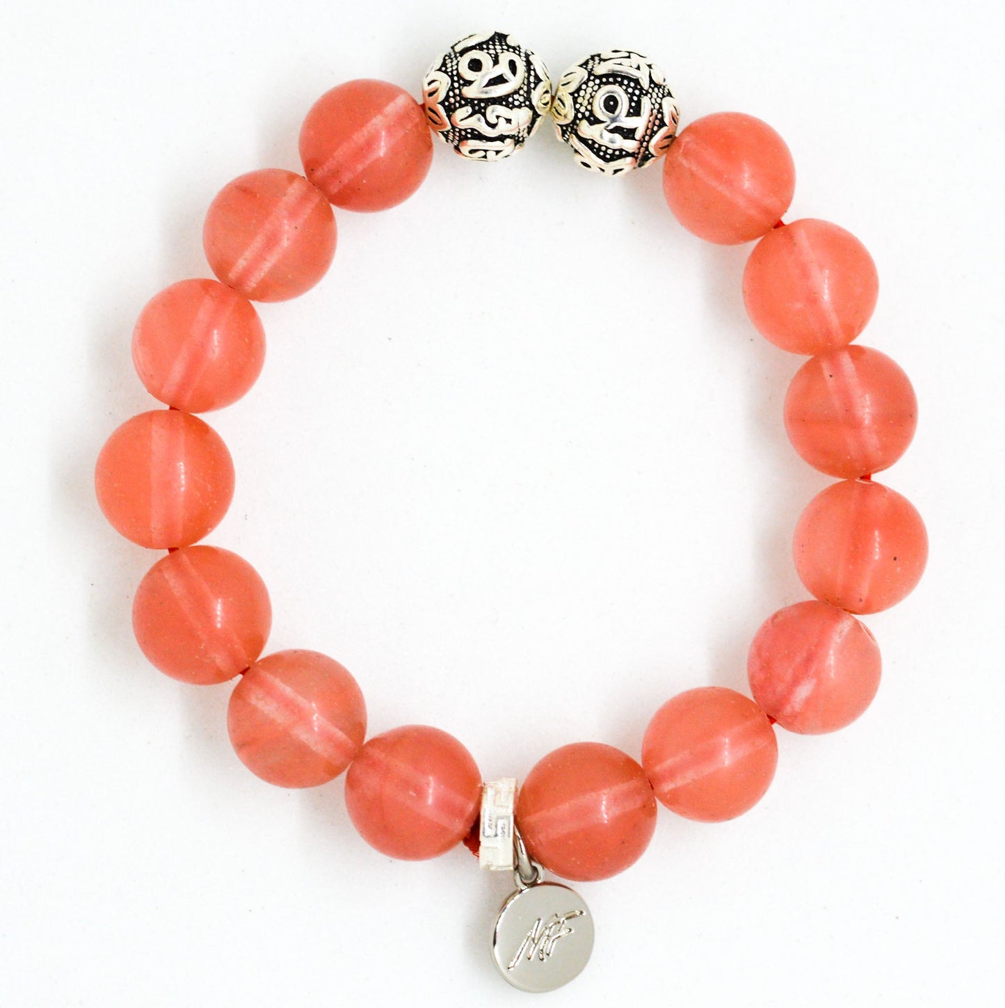 Cherry Quartz Stone Silver Bead Bracelet (12 MM)