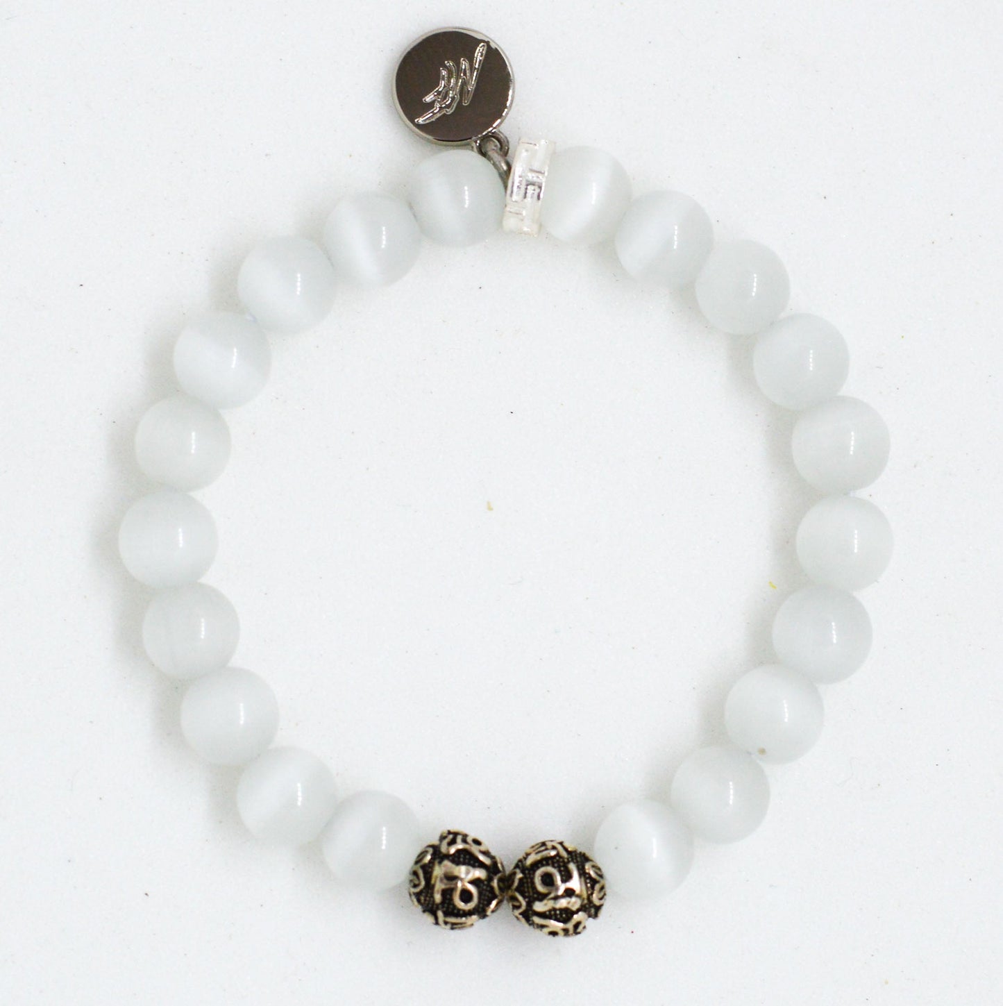 Cat Eye Pine Stone  Silver Bead Bracelet (8 MM)