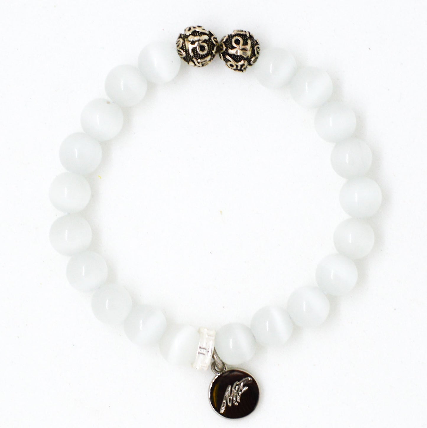 Cat Eye Pine Stone  Silver Bead Bracelet (8 MM)