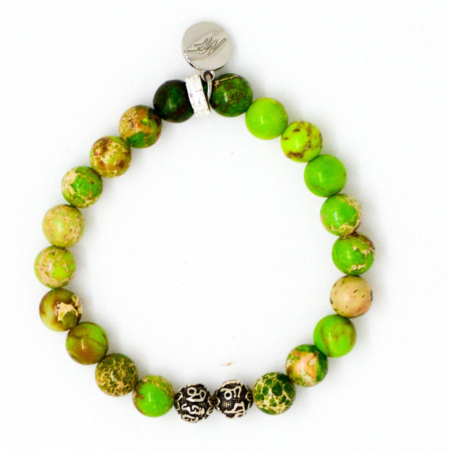 Olive Green Jasper Stone Silver Bead Bracelet (8 MM)