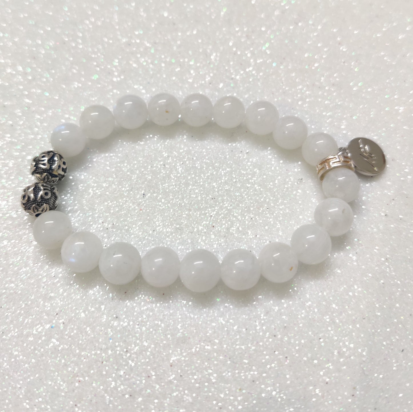 Natural Moonstone Silver Bead Bracelet (8 MM)