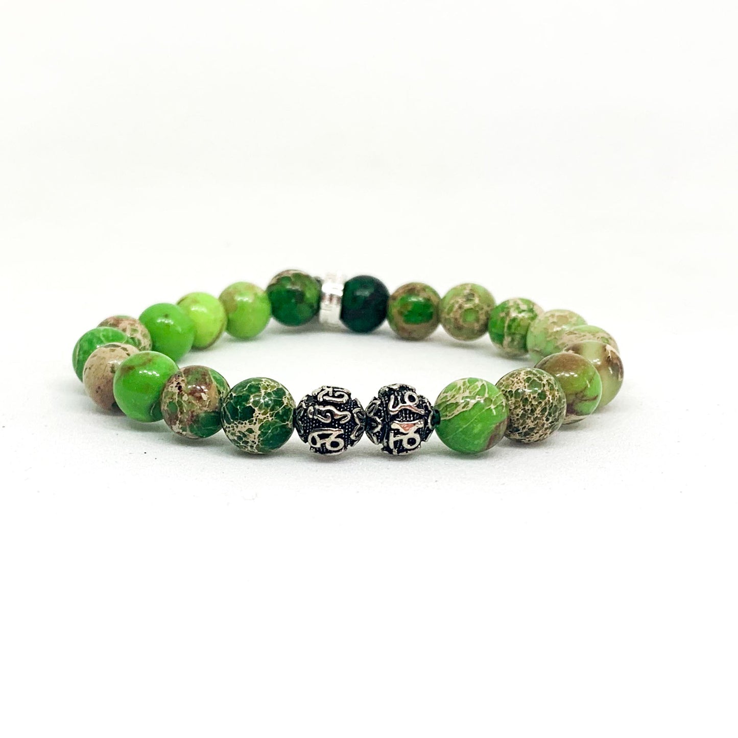 Olive Green Jasper Stone Silver Bead Bracelet (8 MM)