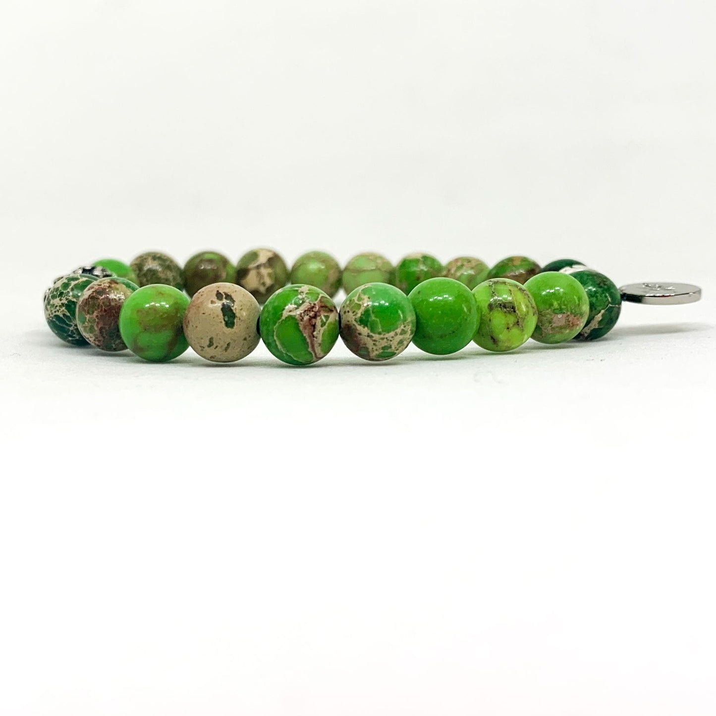 Olive Green Jasper Stone Silver Bead Bracelet (8 MM)