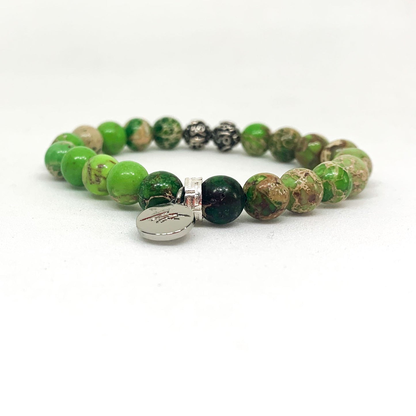 Olive Green Jasper Stone Silver Bead Bracelet (8 MM)