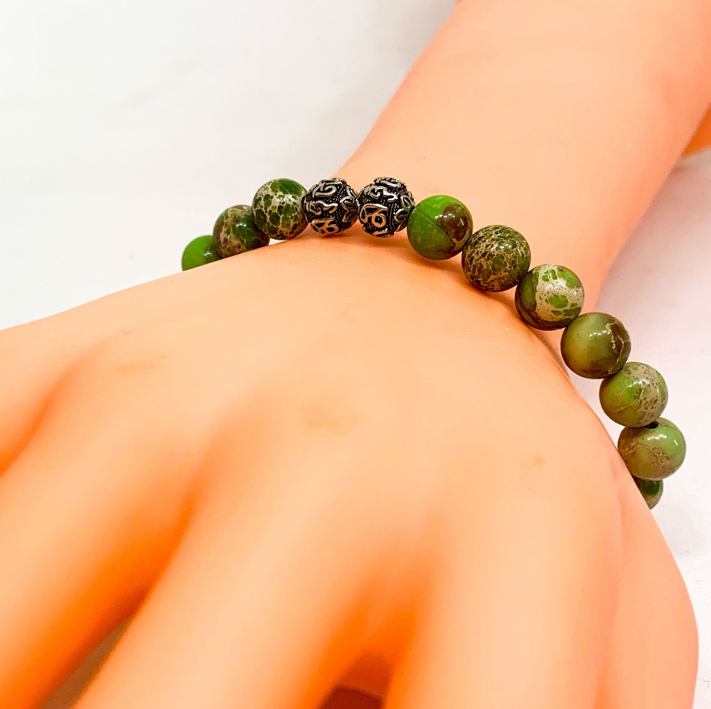 Olive Green Jasper Stone Silver Bead Bracelet (8 MM)