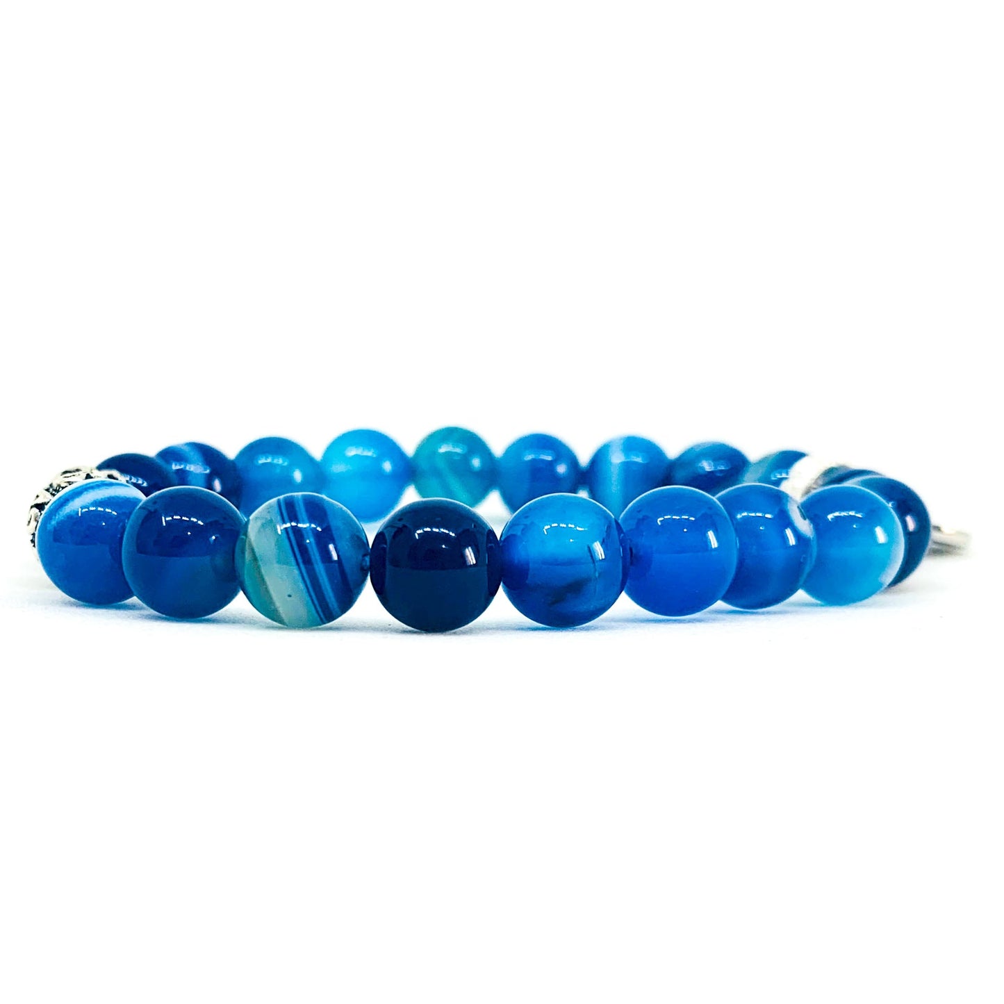 Blue Striped Agate Silver Bead Bracelet (8 MM)