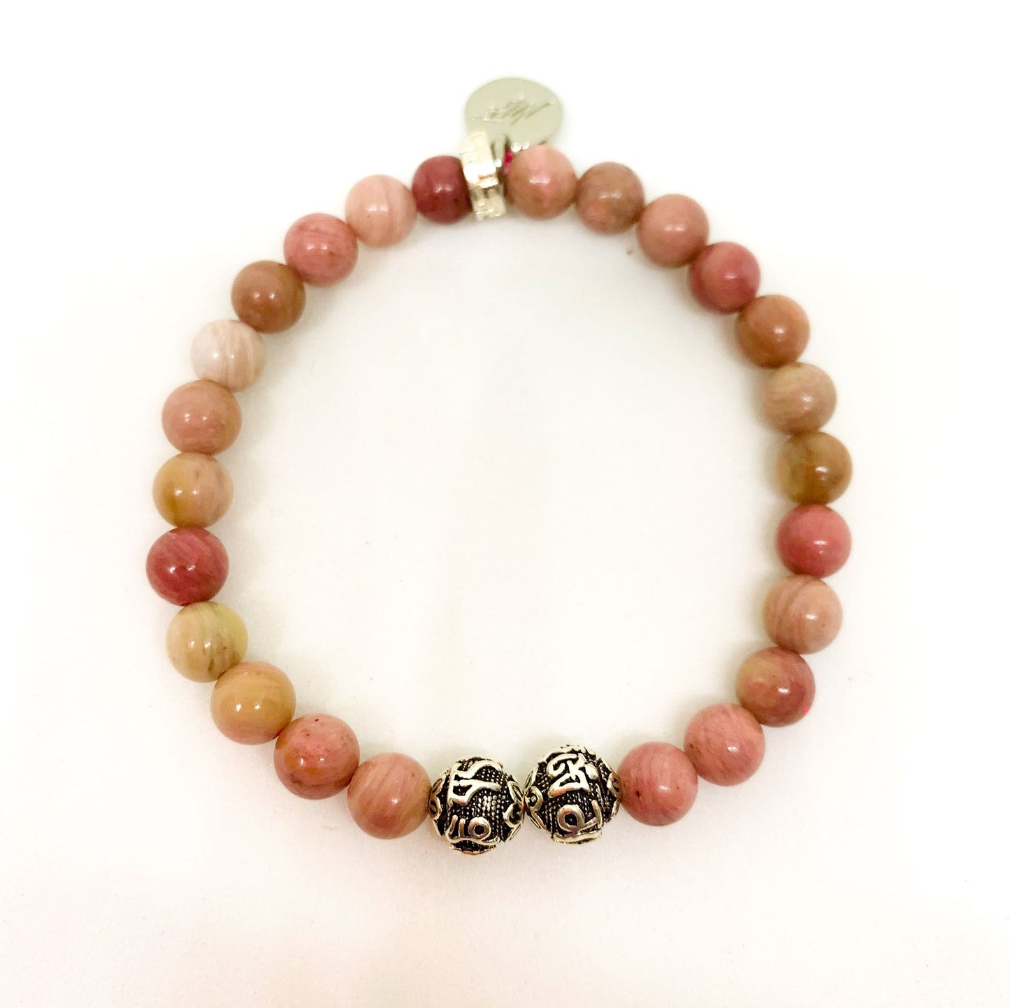 Rhodonite Stone Silver Bead Bracelet (8 MM)