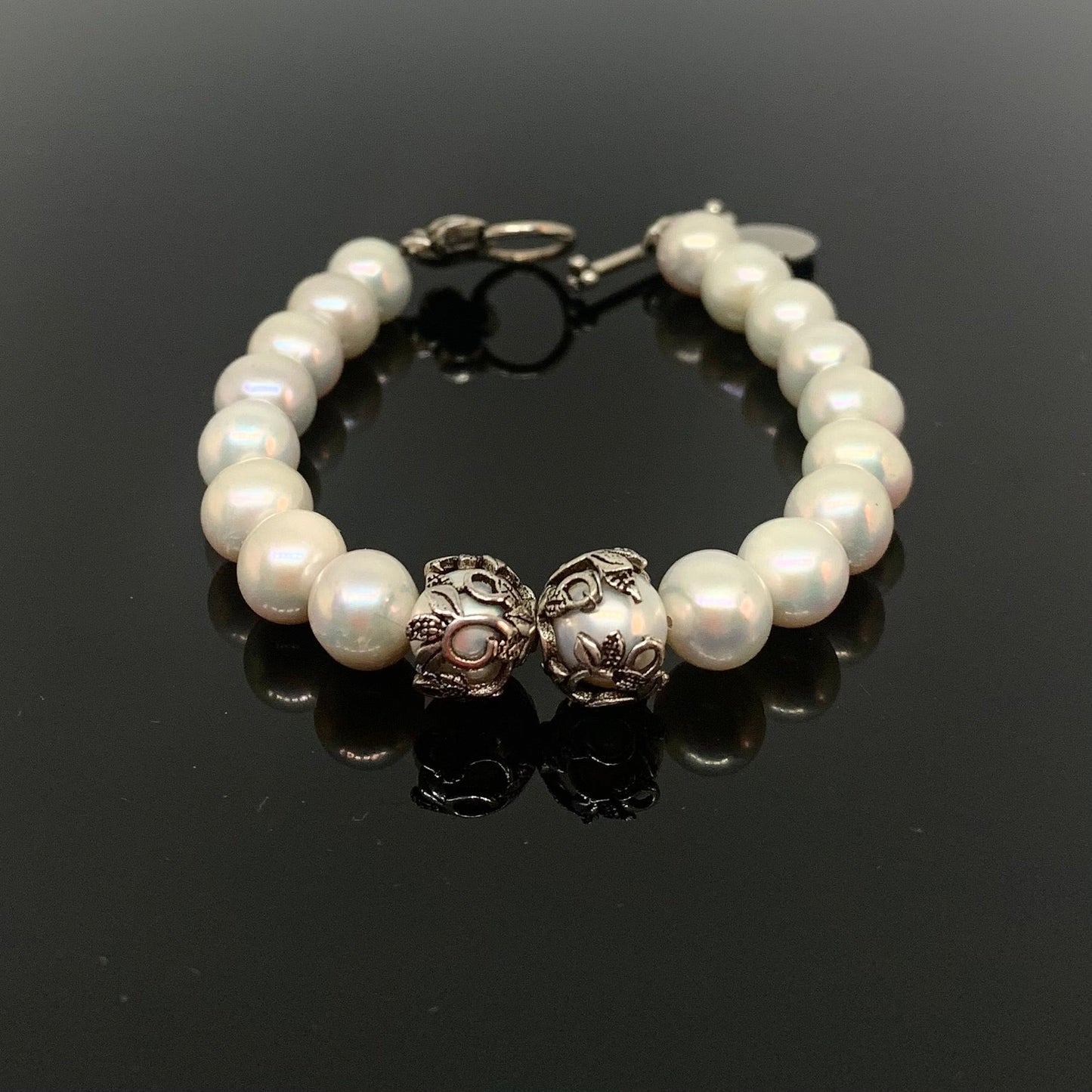 White Pearl Silver Toggle Clasp Bracelet