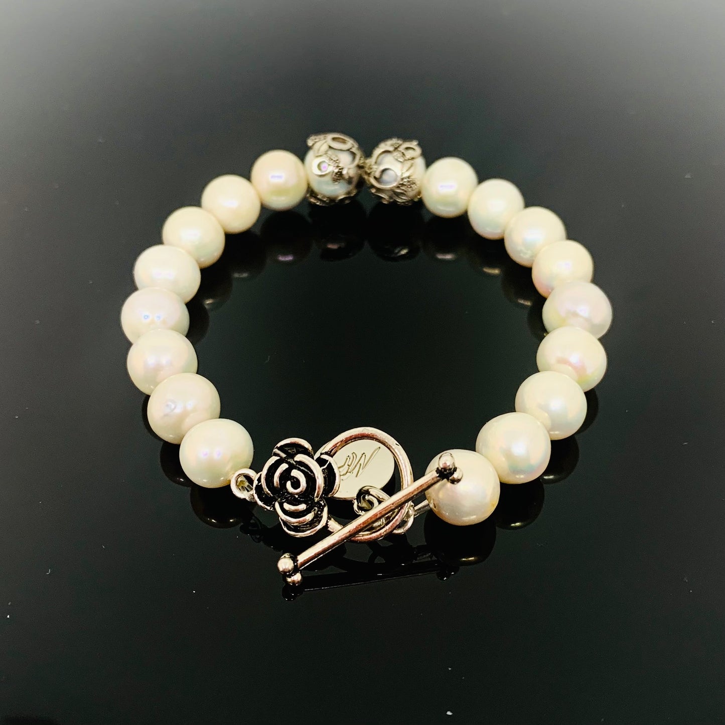 White Pearl Silver Toggle Clasp Bracelet